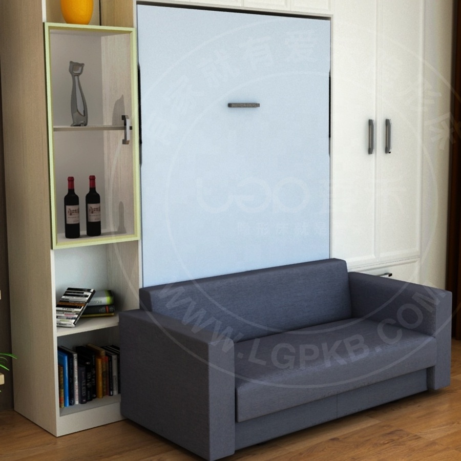 king size vertical murphy bed with luxury sofa,folding bed with bookshelf, transformable smart bedroom furniture set