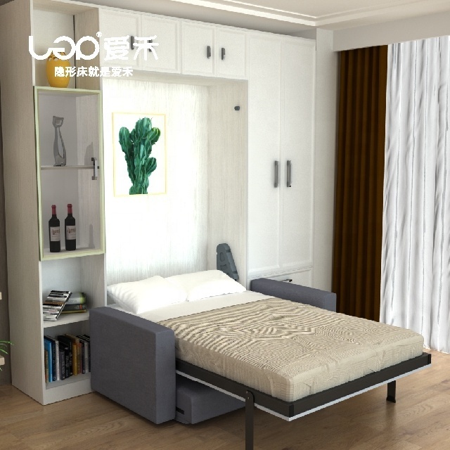 king size vertical murphy bed with luxury sofa,folding bed with bookshelf, transformable smart bedroom furniture set