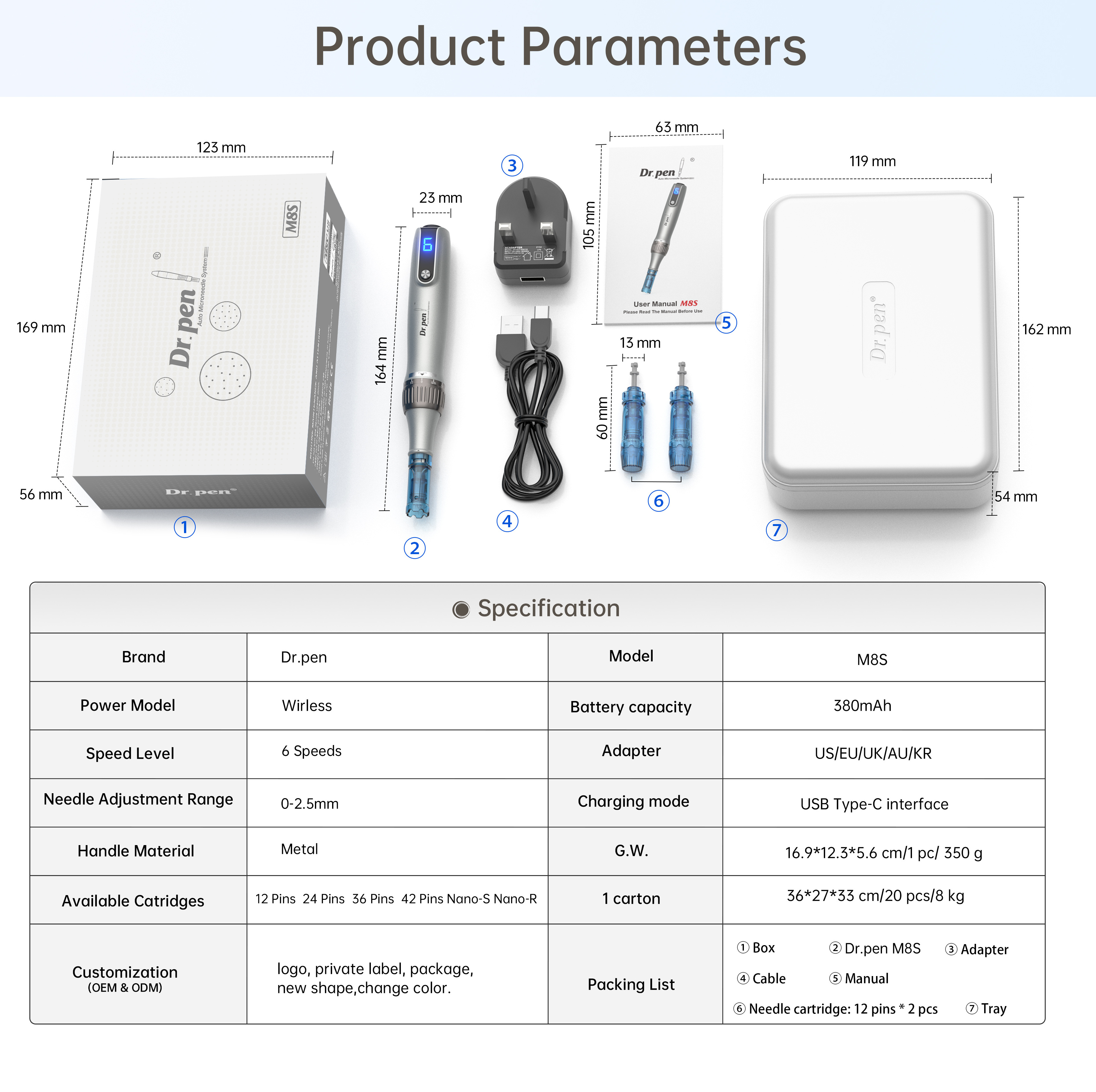 2023 New Dr Pen M8S Wireless Microneedling Derma Pen Anti Aging Dermapen With 12 Pins Needle Cartridge