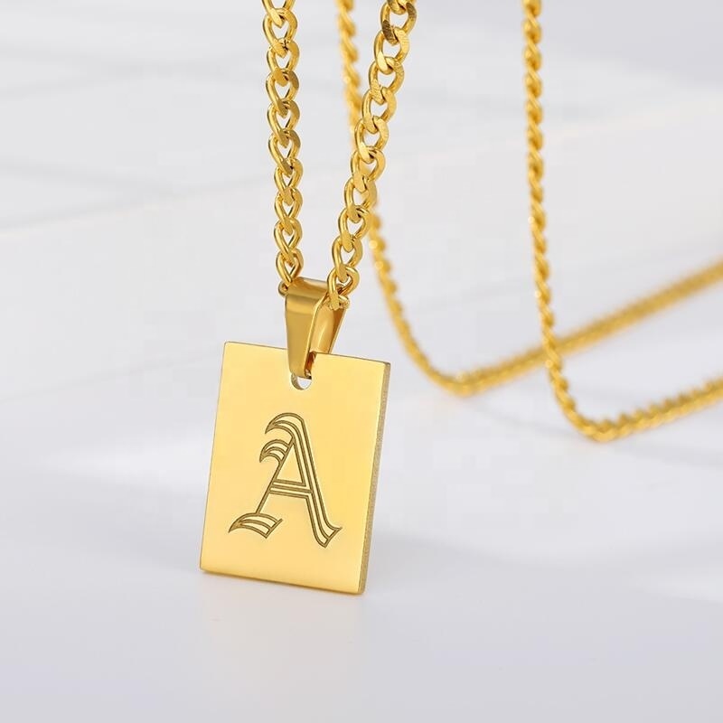 Initial Letter Rectangle Necklace Joyas Oro Collier 18k Gold Plated Old English Letter Geometric Necklace xp jewelry For Women