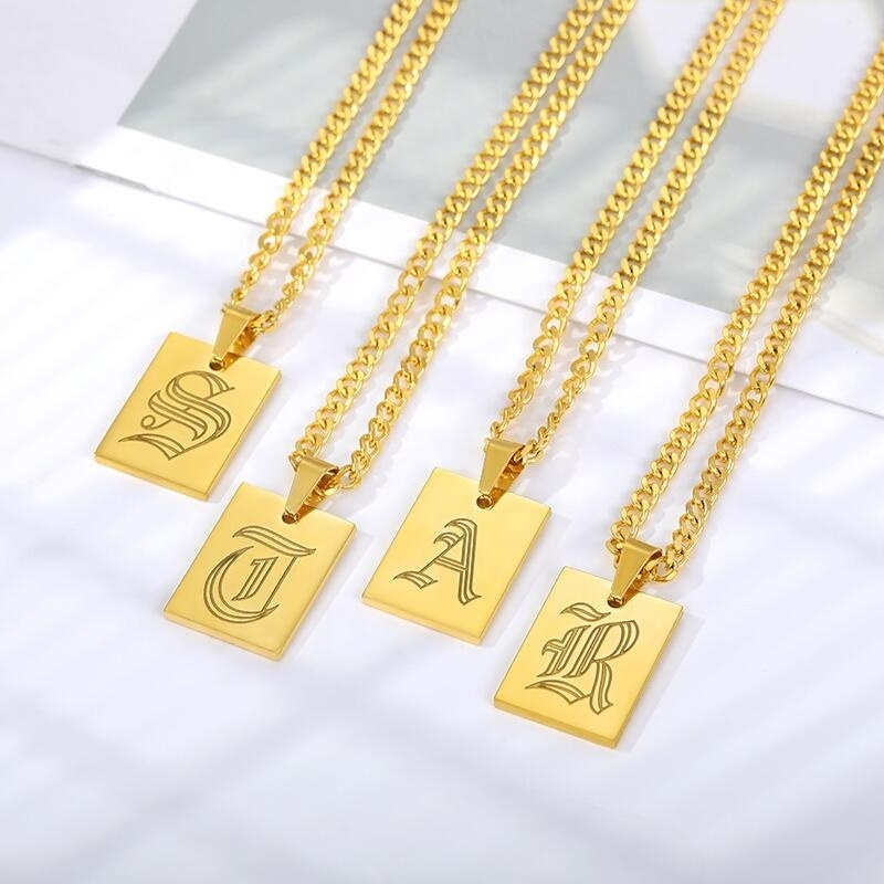 Initial Letter Rectangle Necklace Joyas Oro Collier 18k Gold Plated Old English Letter Geometric Necklace xp jewelry For Women