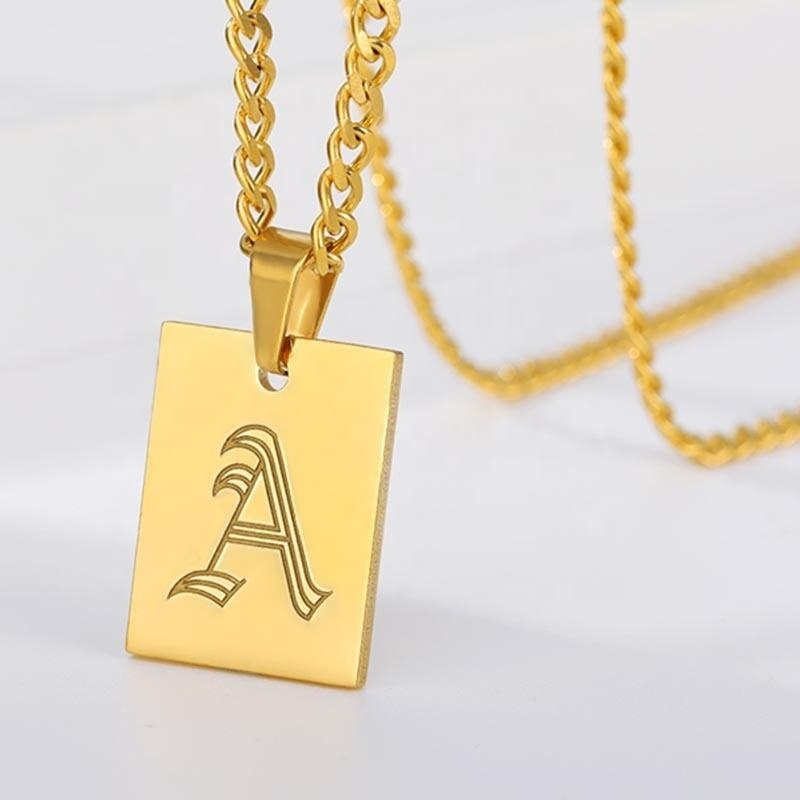 Initial Letter Rectangle Necklace Joyas Oro Collier 18k Gold Plated Old English Letter Geometric Necklace xp jewelry For Women