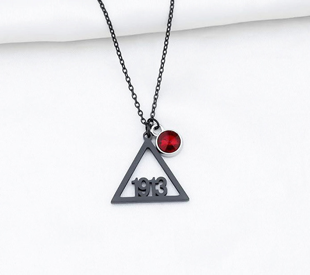 Delta Pyramid DST 1913 Jewelry Charms Necklace Greek Sorority Custom Cubic Zircon White Stone Black Necklace