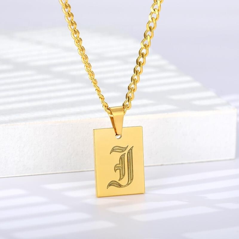 Initial Letter Rectangle Necklace Joyas Oro Collier 18k Gold Plated Old English Letter Geometric Necklace xp jewelry For Women