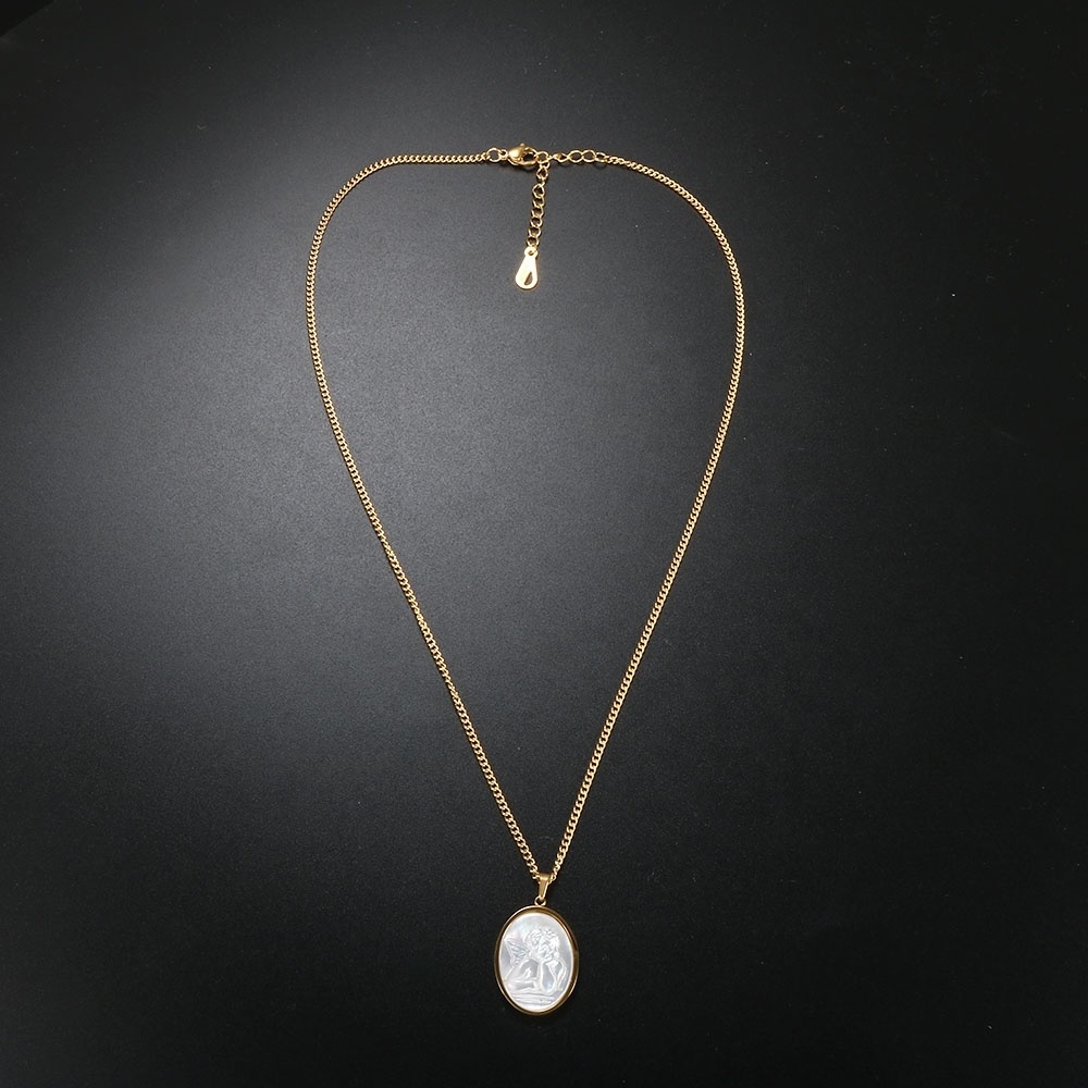 Newly Design Women Stainless Steel Necklace White Shell 18K Gold Plated Religious Jewelry Guardian Medallion Angel Necklace