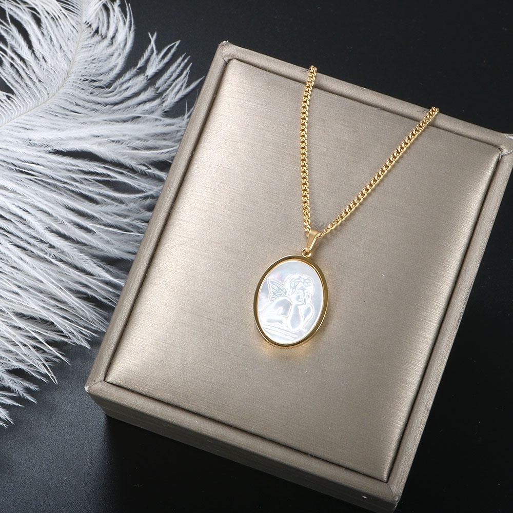 Newly Design Women Stainless Steel Necklace White Shell 18K Gold Plated Religious Jewelry Guardian Medallion Angel Necklace