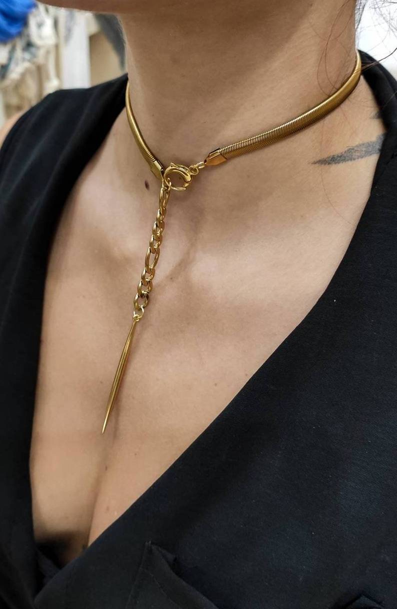 Non Tarnish Gold Jewelry 18k Stainless Steel Women Titanium Jewelry Thick Chunky Gold Herringbone Necklace Snake Chain Choker