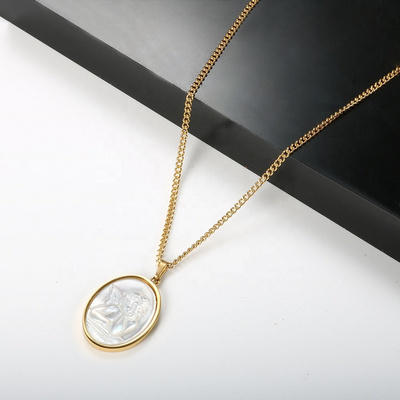 Newly Design Women Stainless Steel Necklace White Shell 18K Gold Plated Religious Jewelry Guardian Medallion Angel Necklace