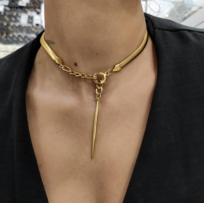 Non Tarnish Gold Jewelry 18k Stainless Steel Women Titanium Jewelry Thick Chunky Gold Herringbone Necklace Snake Chain Choker