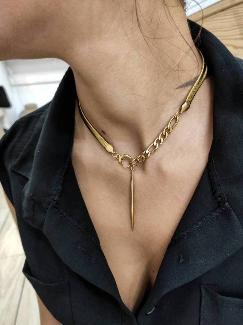 Non Tarnish Gold Jewelry 18k Stainless Steel Women Titanium Jewelry Thick Chunky Gold Herringbone Necklace Snake Chain Choker