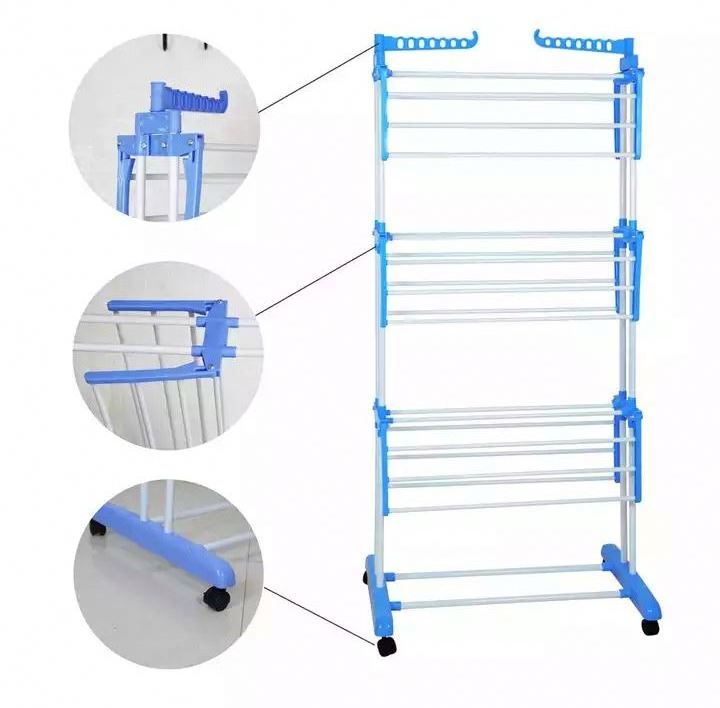 Hot Sell Household Movable Stainless Steel 3 Tiers Blue Clothes Coats Towels Hanger Laundry Bathroom Drying Racks