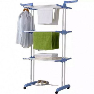 Hot Sell Household Movable Stainless Steel 3 Tiers Blue Clothes Coats Towels Hanger Laundry Bathroom Drying Racks