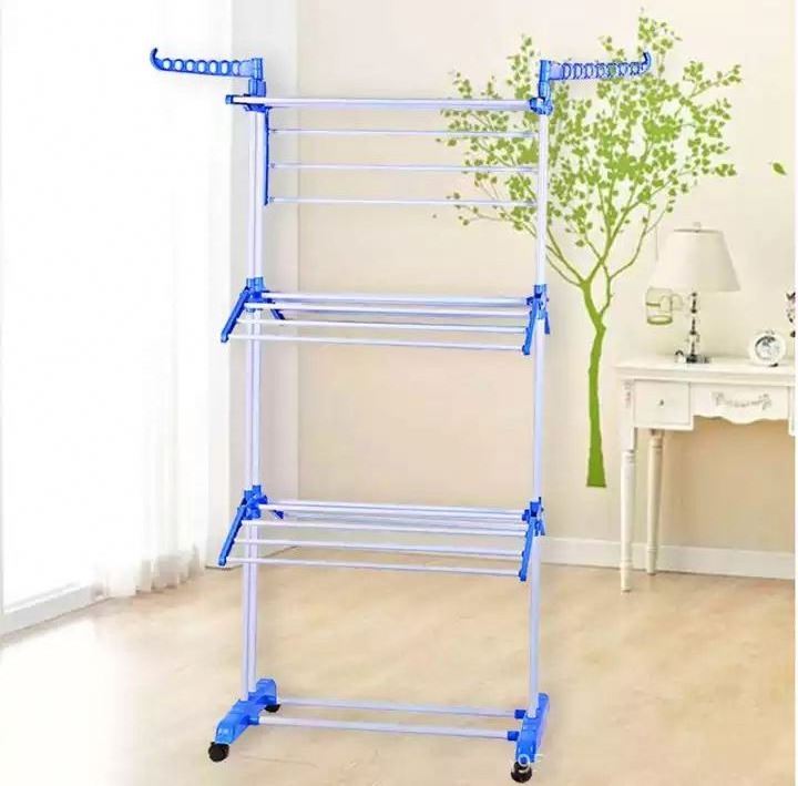 Hot Sell Household Movable Stainless Steel 3 Tiers Blue Clothes Coats Towels Hanger Laundry Bathroom Drying Racks