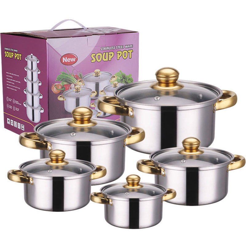 2023 Hot Sale 10pcs Stainless Steel Gold handle Cooking Pots And Pans casserole Kitchen Cookware Sets