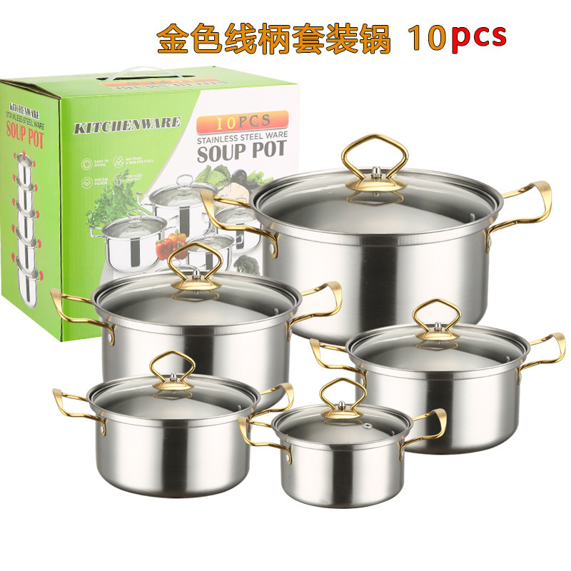 2023 Hot Sale 10pcs Stainless Steel Gold handle Cooking Pots And Pans casserole Kitchen Cookware Sets