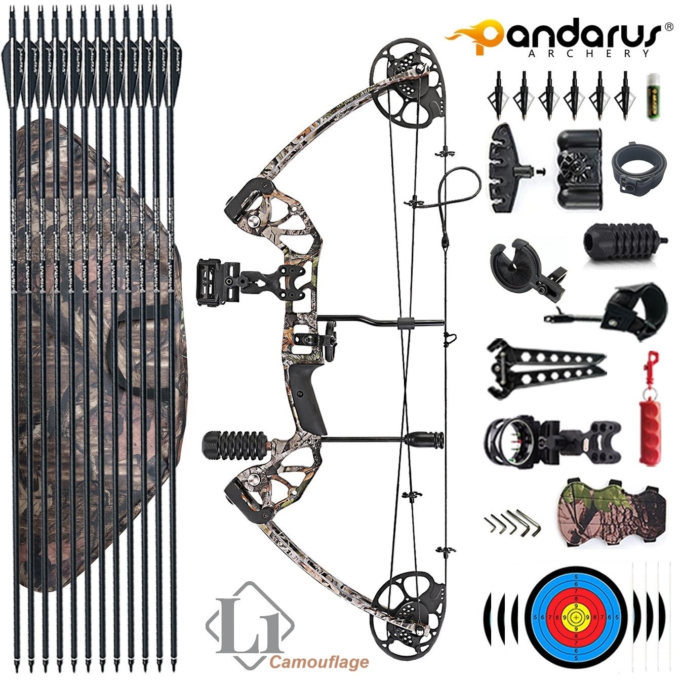 PANDARUS Archery camouflage black Adults 0-70lbs Metal Compound bow and arrow sets for outdoor hunting shooting