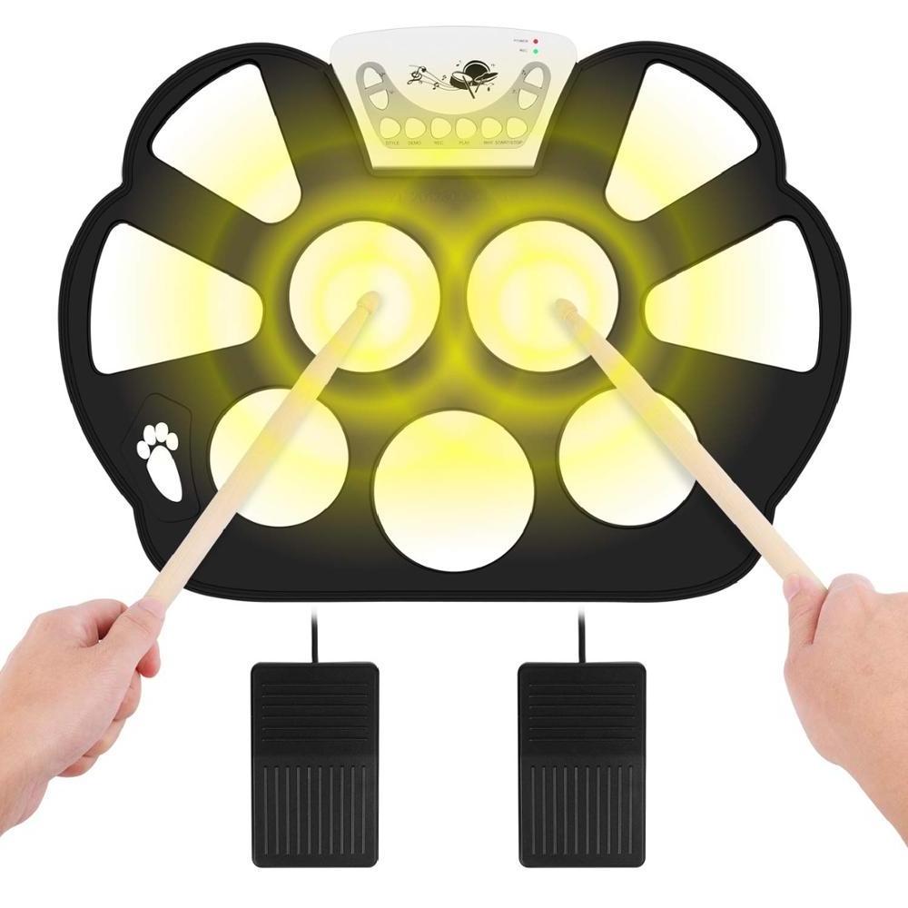 Digital Electronic Roll Up Drum Pad Set Kit - Portable Silicone Sheet 9 Pads with Drum Stick, Foot Pedal Switch, Headphone Jack