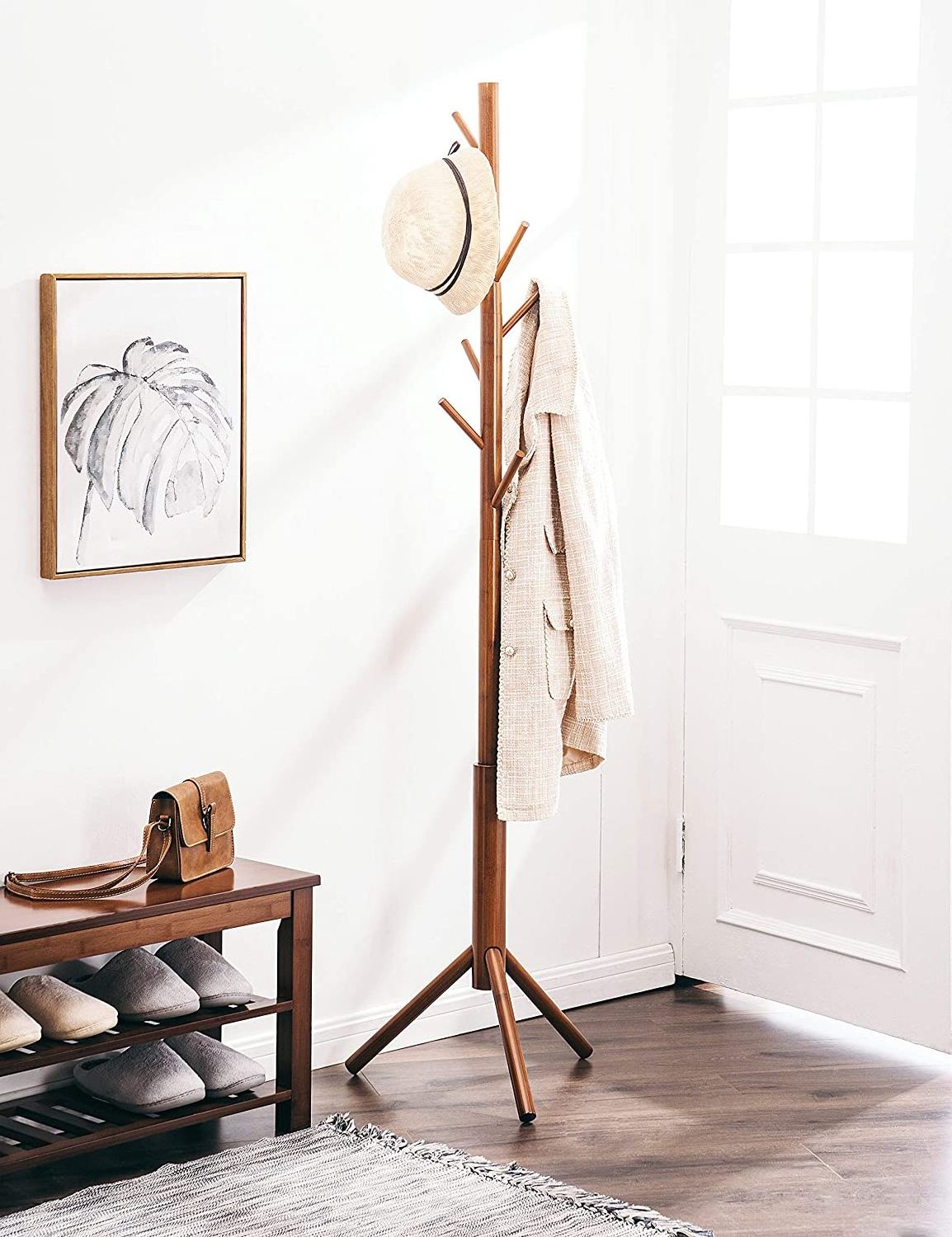 Free Standing Coat Rack Wooden Coat Hat Tree Coat Hanger Holder Entryway Hall Tree with Solid Rubber Wood Base for  Umbrella