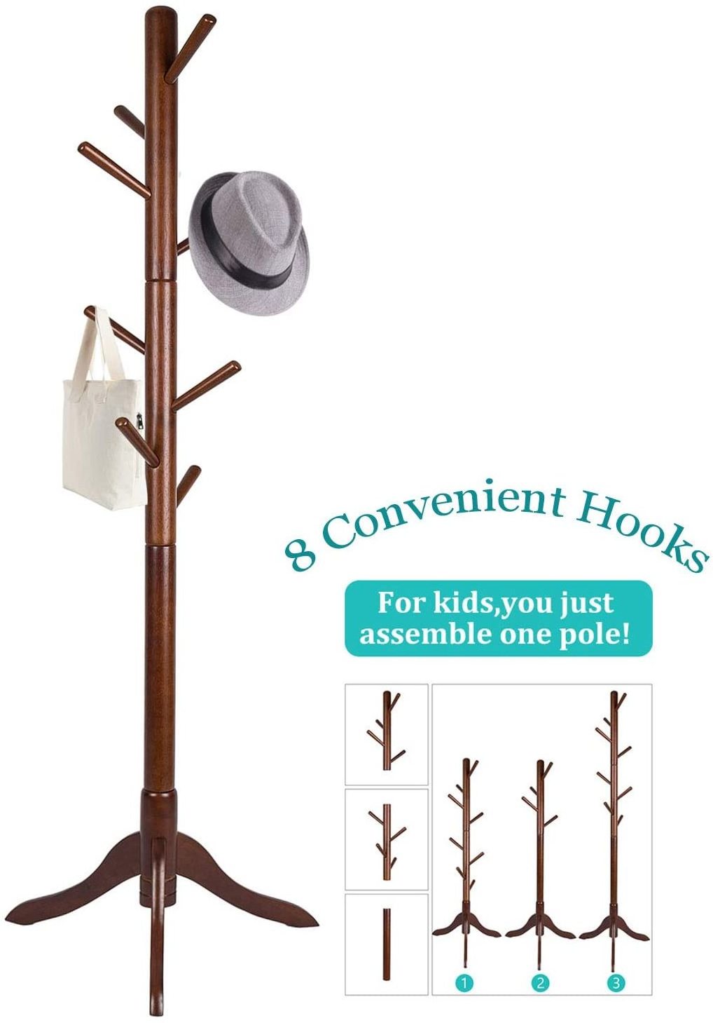 Free Standing Coat Rack Wooden Coat Hat Tree Coat Hanger Holder Entryway Hall Tree with Solid Rubber Wood Base for  Umbrella