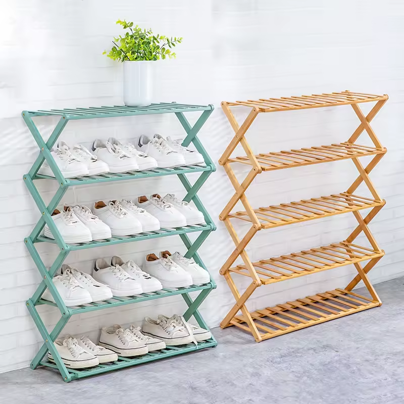 Folding multi-layer simple household storage no assembly foldable shoe rack free installation of wooden bamboo shoe rack