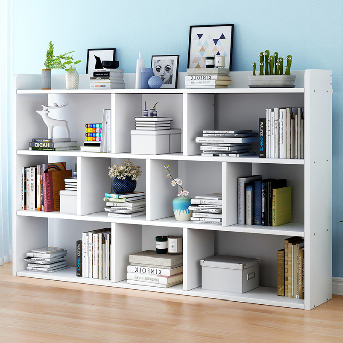 Home Furniture Modern Custom White MDF Wood Bookshelf 6 Shelf 1 Cabinet Storage Organizer Book Shelf Bookcase