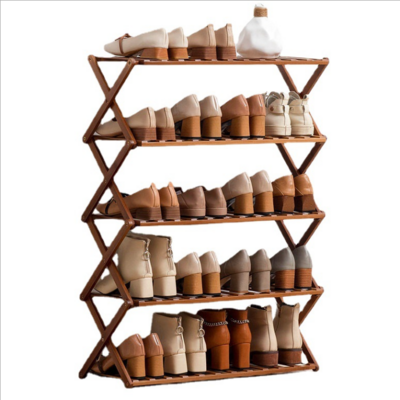 Simple folding shoe rack bamboo multilayer retractable household shelf door small shoe rack