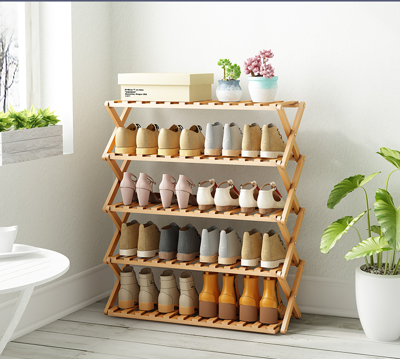 5-Tier Collapsible Bamboo Shoe Rack Standing Shoe Shelf Storage Organizer Without Assembly