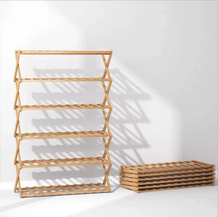 Simple folding shoe rack bamboo multilayer retractable household shelf door small shoe rack