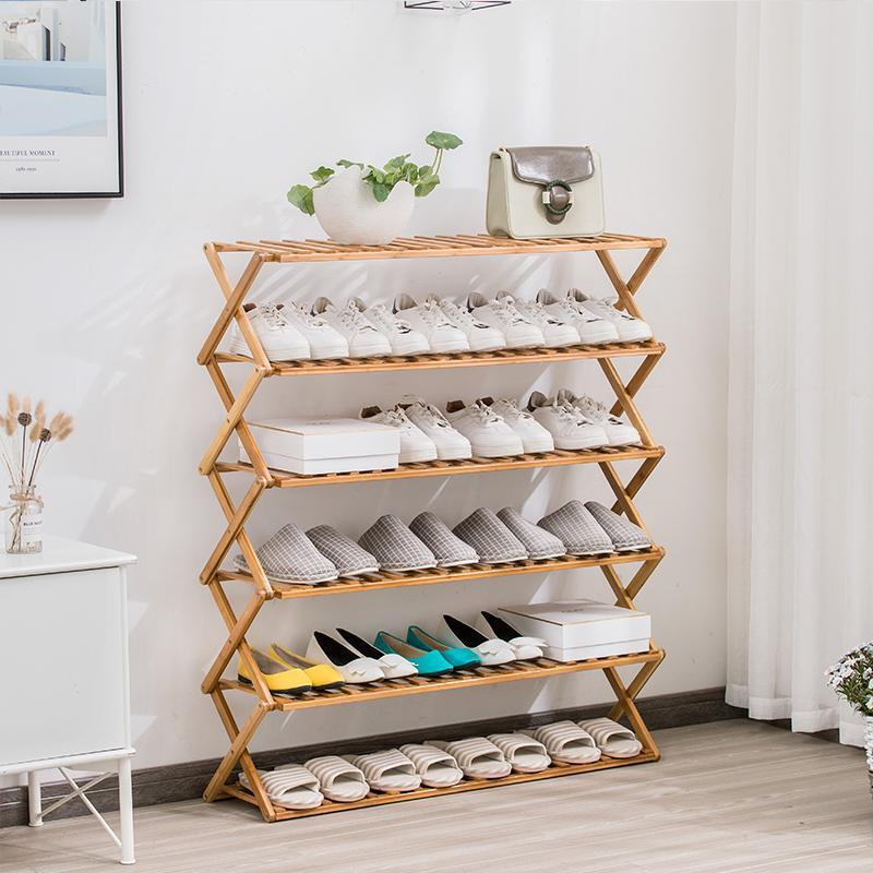 5-Tier Collapsible Bamboo Shoe Rack Standing Shoe Shelf Storage Organizer Without Assembly