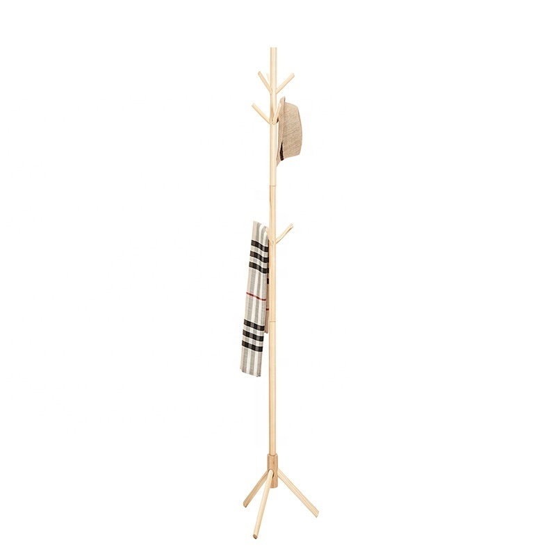 Hot Selling Eco-Friendly multifunctional Standing tree shaped Stable Base 8 Hooks Floor Standing Wooden Coat Rac