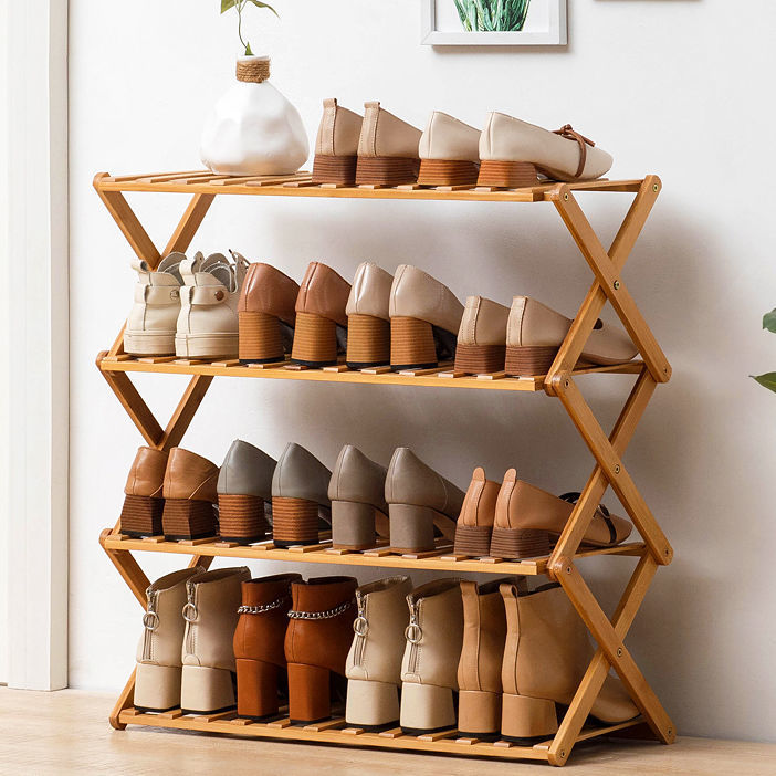 Simple folding shoe rack bamboo multilayer retractable household shelf door small shoe rack