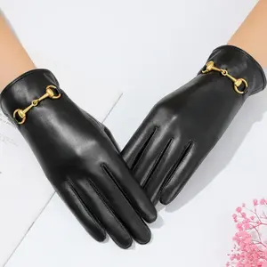 Custom Daily Life Sheepskin Autumn Winter Spring Warm Fashion gloves & mittens Women goatskin Black Leather Gloves Match Dress