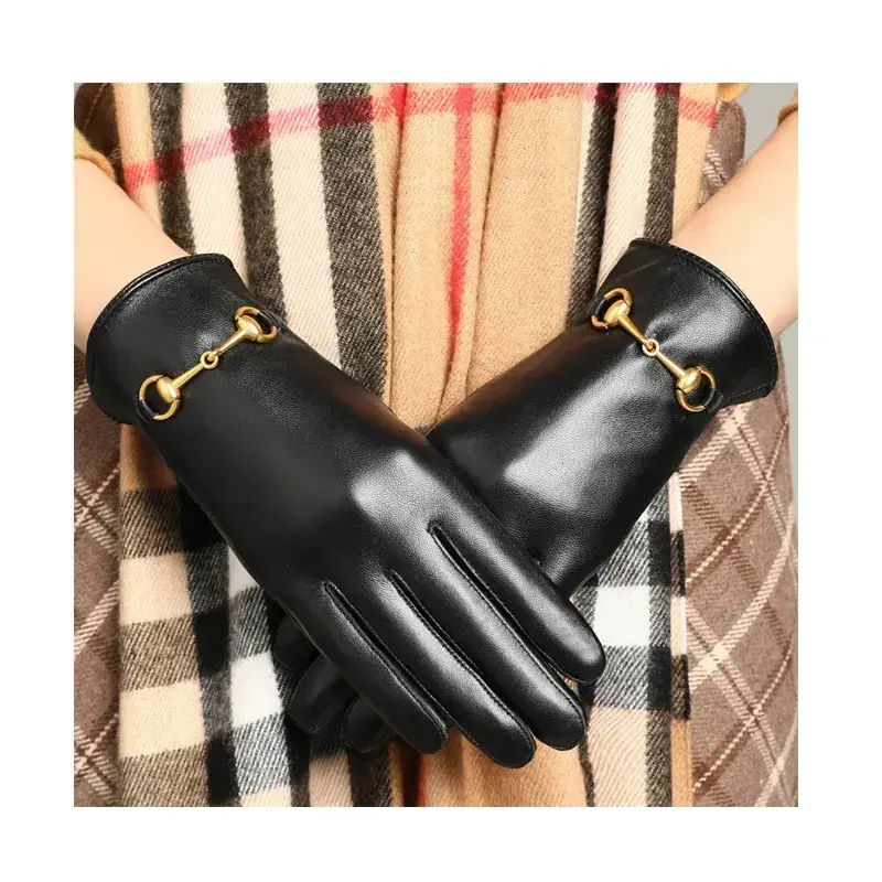 Custom Daily Life Sheepskin Autumn Winter Spring Warm Fashion gloves & mittens Women goatskin Black Leather Gloves Match Dress