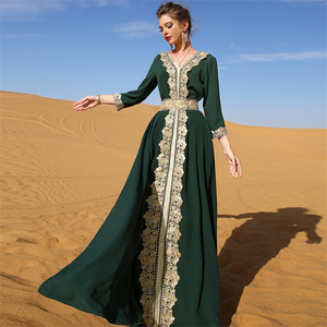 Dark green embroidered lace elegant vintage muslim kaftan dress Middle Eastern Dubai long sleeve V neck muslim dress