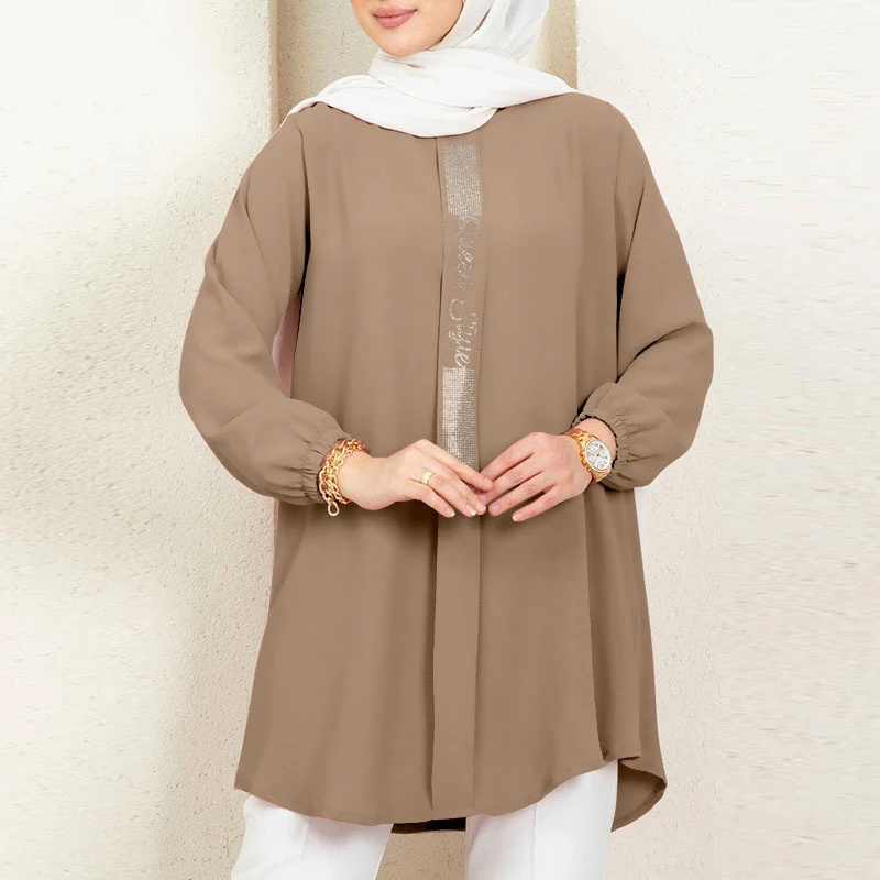 Women Casual Solid Ramadan Dubai Turkish Shirt Islam Clothing Autumn Fashion Sequins Blouse Long Sleeve Muslim Tops