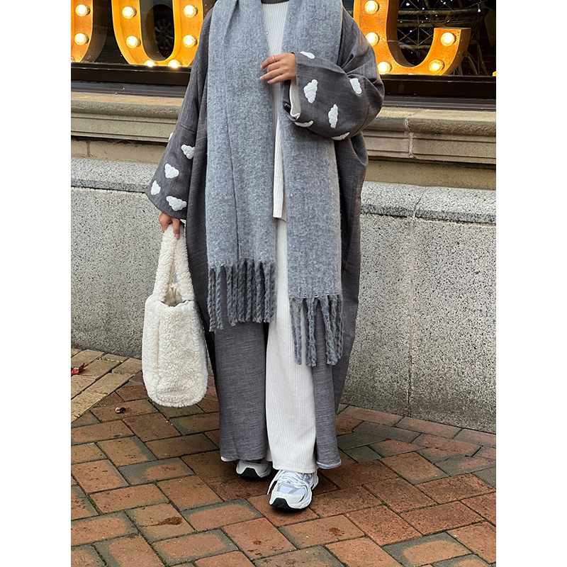 2024 new design stormy grey open abaya linen dress wholesale premium hard linen abaya with embroidery fleece cloud