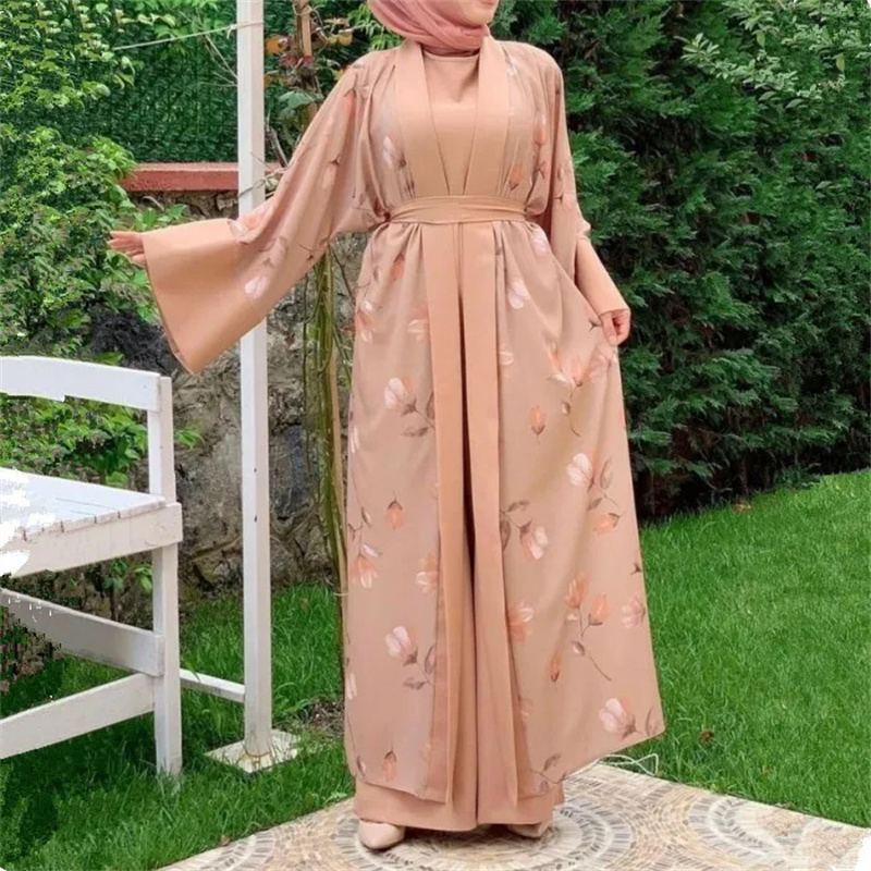 Custom Islamic Clothing Two piece Pants Set Wholesale Femme Musulmane Print Open Abaya with Jumpsuits