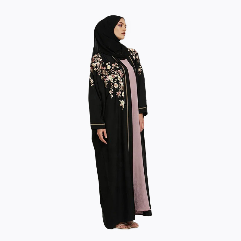 2023 Summer Black Floral Embroidered Open Modest Abaya Islamic Clothing Women Dubai Muslim Dress New Turkey Abaya Dresses