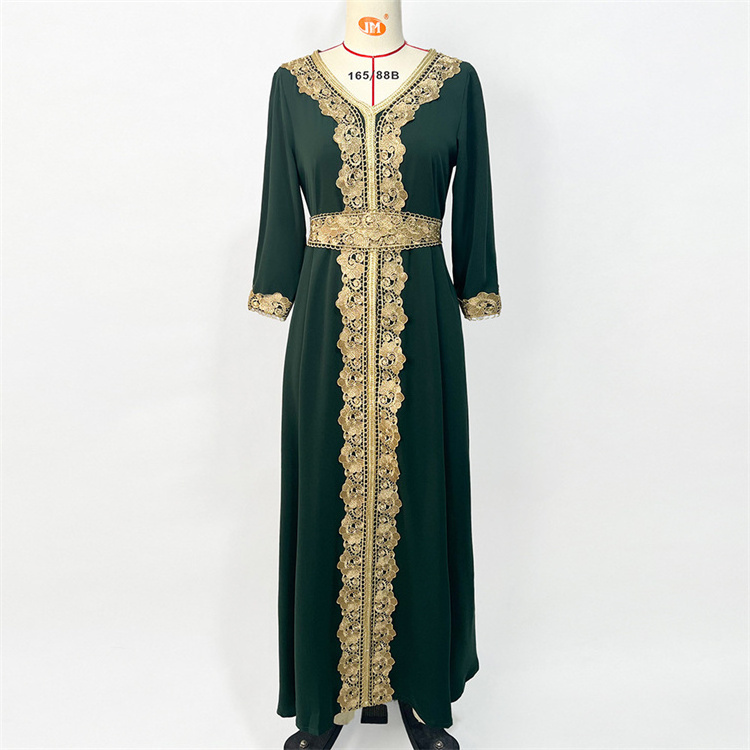 Dark green embroidered lace elegant vintage muslim kaftan dress Middle Eastern Dubai long sleeve V neck muslim dress