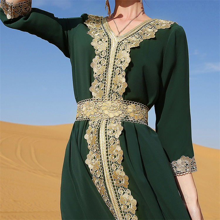 Dark green embroidered lace elegant vintage muslim kaftan dress Middle Eastern Dubai long sleeve V neck muslim dress