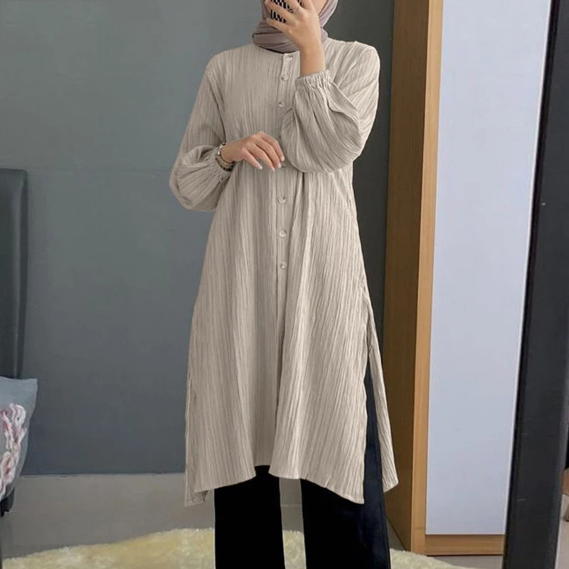 Turkey Abaya Islamic Clothing Blusas Femme Causal Solid Buttons Up Shirt Muslim Long Tops Women Fashion Long Sleeve Blouse