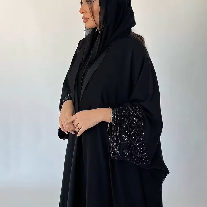 2024 ramadan black open abaya dubai luxury islamic dubai muslim black beaded abaya for women