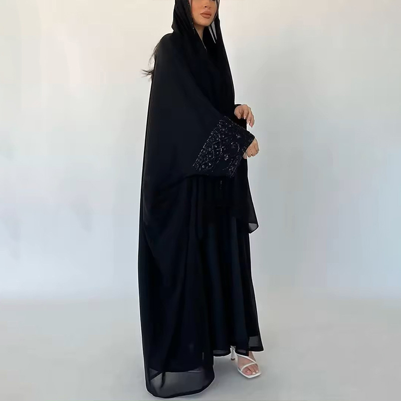 2024 ramadan black open abaya dubai luxury islamic dubai muslim black beaded abaya for women