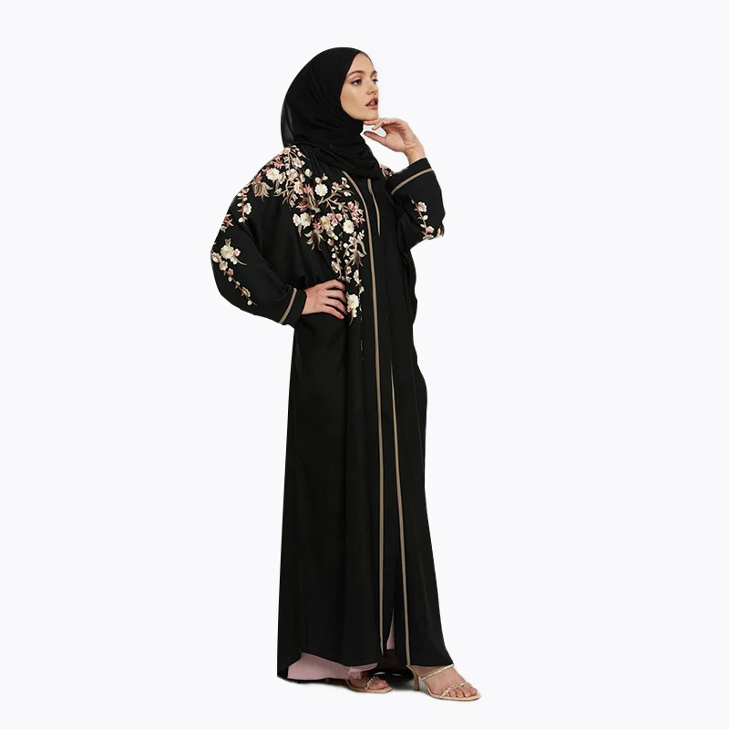 2023 Summer Black Floral Embroidered Open Modest Abaya Islamic Clothing Women Dubai Muslim Dress New Turkey Abaya Dresses