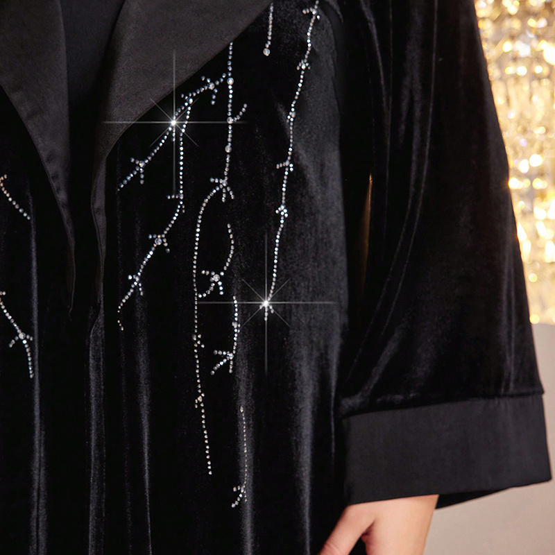 2024 new design rhinestone abaya black wholesale plus rhinestone fringe detail open front velvet abaya