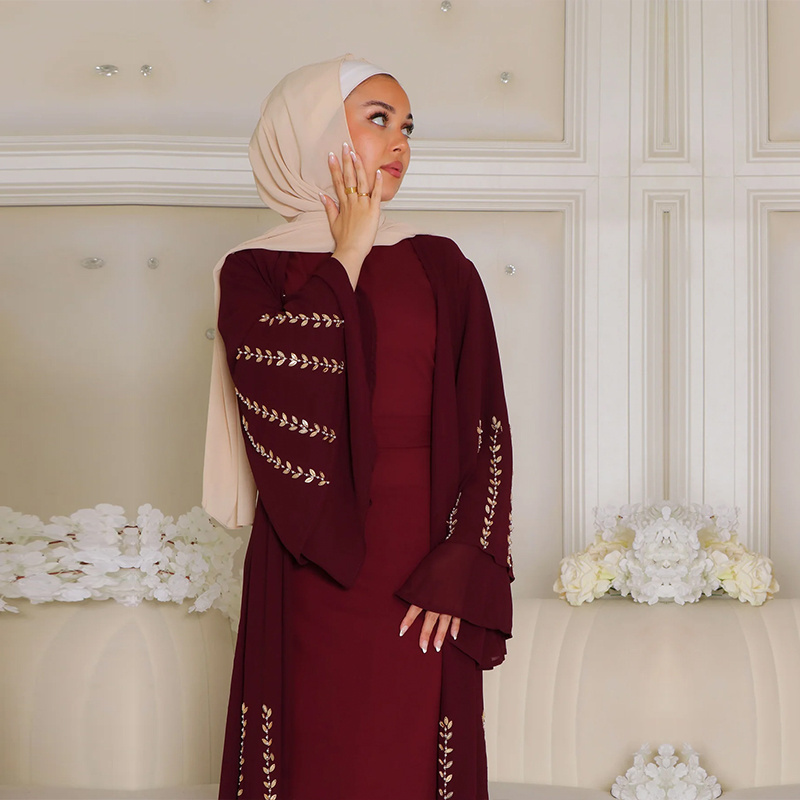 Islamic clothing dubia long chiffon layered abaya dress wholesale flare layered abaya with double layered sleeves