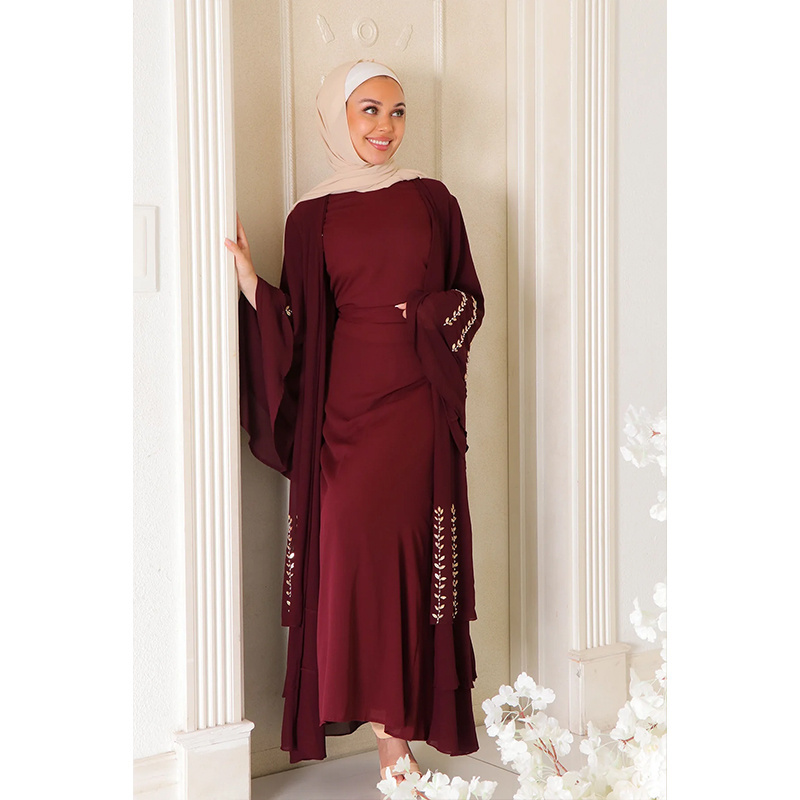 Islamic clothing dubia long chiffon layered abaya dress wholesale flare layered abaya with double layered sleeves