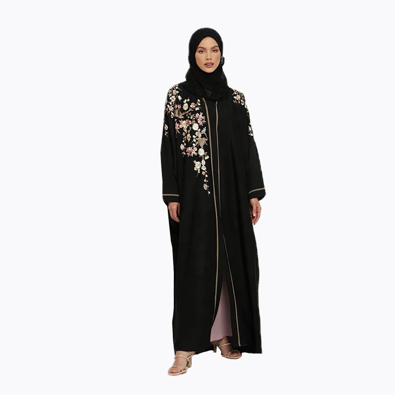 2023 Summer Black Floral Embroidered Open Modest Abaya Islamic Clothing Women Dubai Muslim Dress New Turkey Abaya Dresses