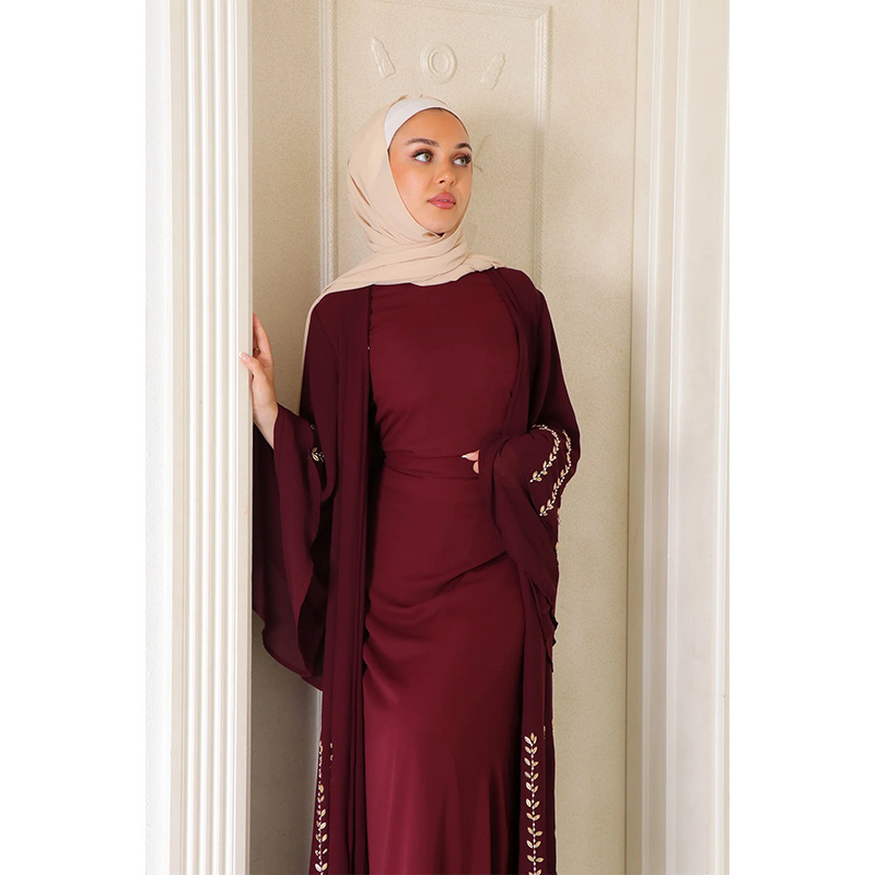 Islamic clothing dubia long chiffon layered abaya dress wholesale flare layered abaya with double layered sleeves