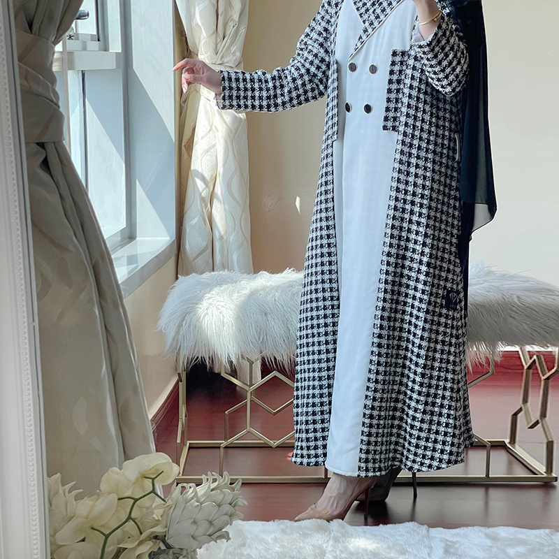 Winter muslim women button abaya dress custom high quality black white two tone tweed abaya dress islamic clothing